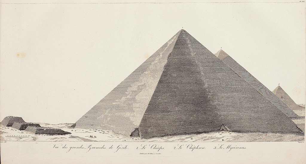 Великая пирамида в 1802 году, рисунок Доминика Вивана Денона. Как можно видеть, большая часть облицовки всё ещё присутствует на пирамиде.